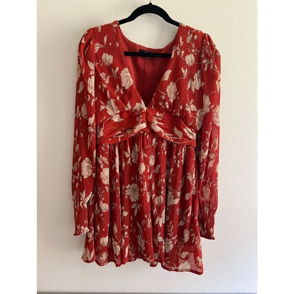 Lulus Red Floral Mini Dress Long Sleeve V Neck Empire Waist Romantic Dress